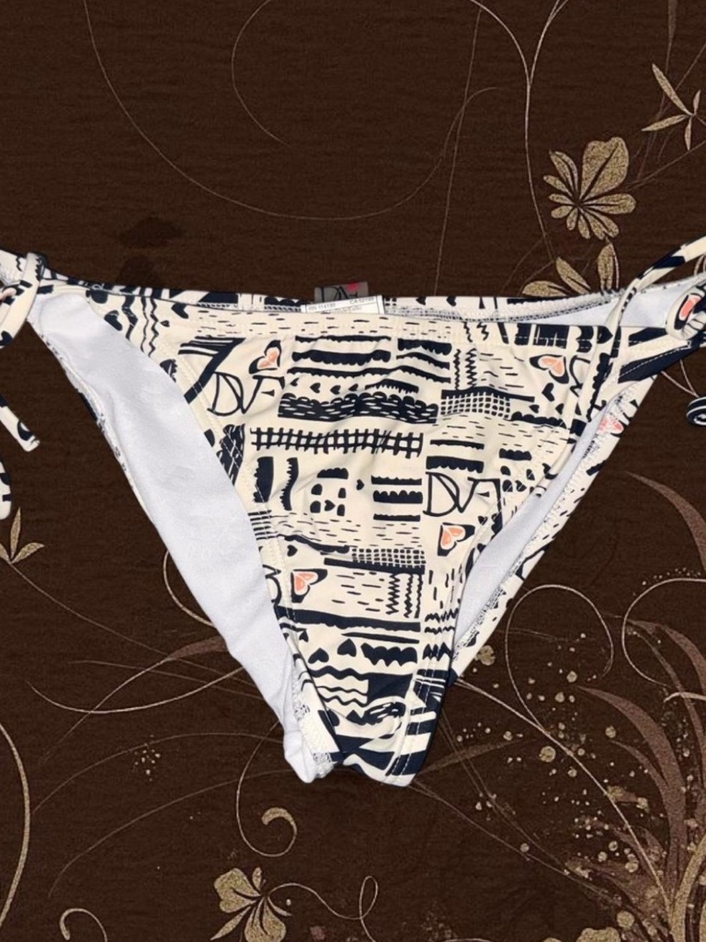 Y2K Roxy Cream & Black Patterned Tie-Side Bikini Bottom